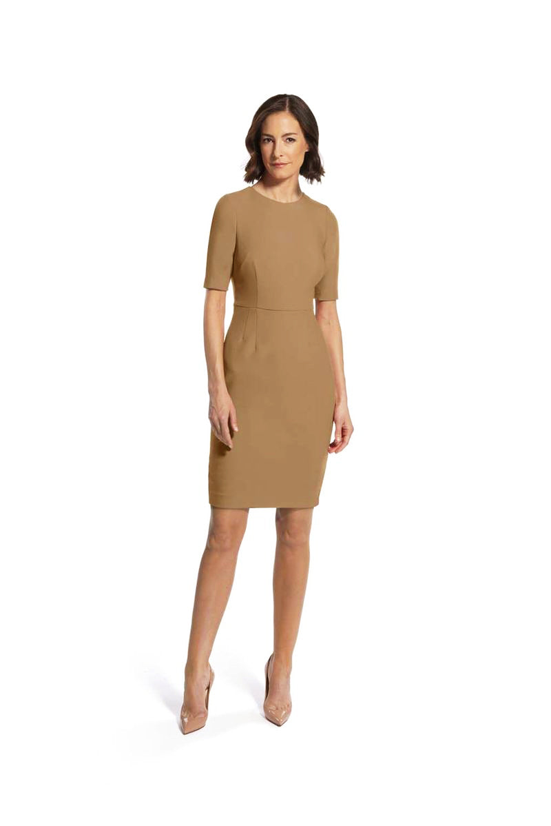 front view of woman 1 wearing the camel alpha dress Captivating Camel Collection hover