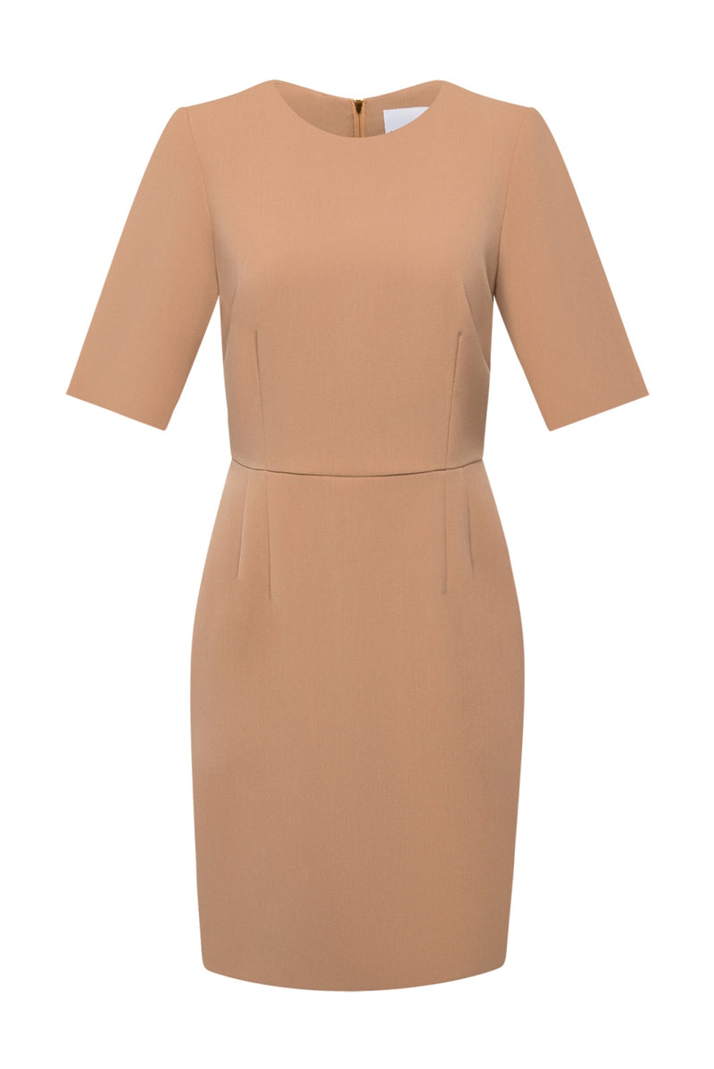 front view of woman 1 wearing the camel alpha dress captivating camel collection 